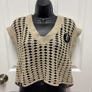 Women's Honor The Gift Tan Crochet V Neck Sweater Vest - ‎ Size Medium